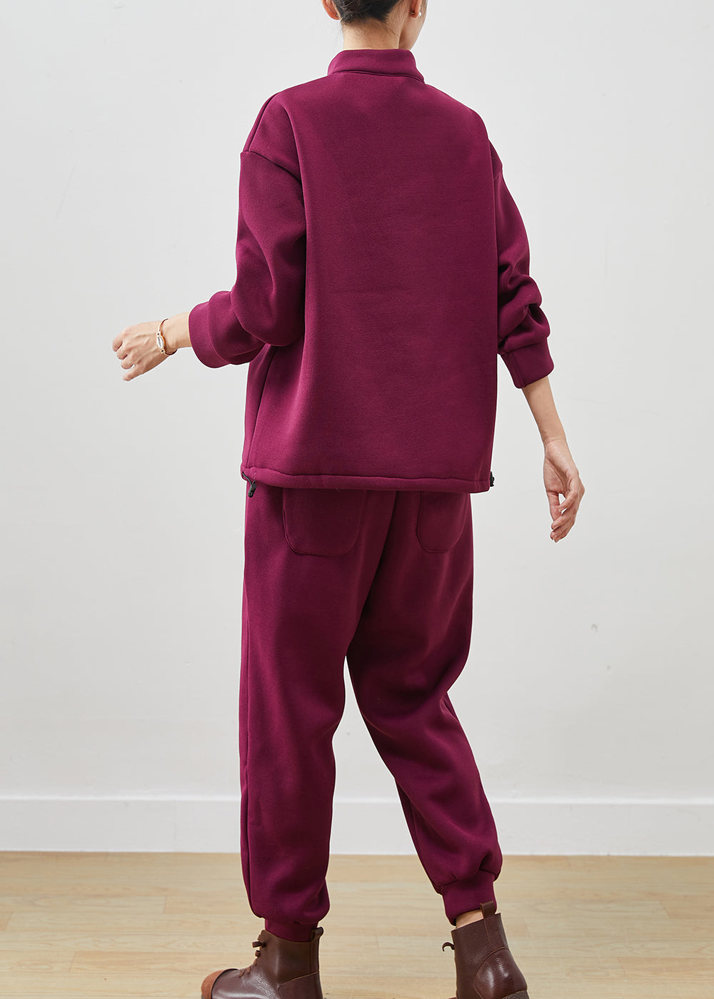 French Dull Purple Oversized Warm Fleece Two Pieces Set Winter