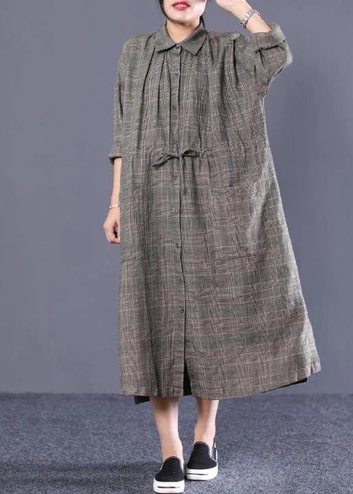 French Fine Plus Size - Polo Neck Plaid Cotton Linen Women Dress - Omychic