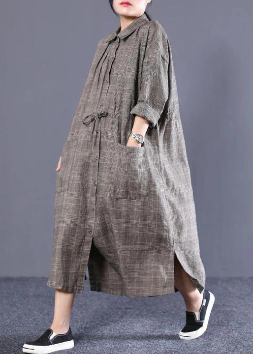 French Fine Plus Size - Polo Neck Plaid Cotton Linen Women Dress - Omychic