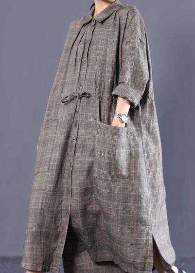 French Fine Plus Size - Polo Neck Plaid Cotton Linen Women Dress - Omychic