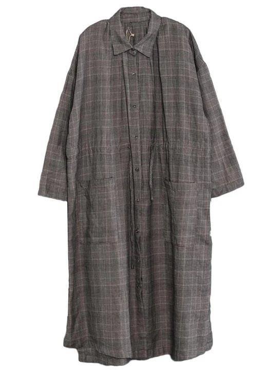 French Fine Plus Size - Polo Neck Plaid Cotton Linen Women Dress - Omychic