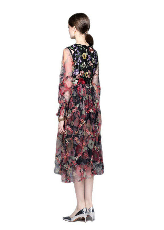French Floral Embroideried Ruffled Patchwork Tulle Dresses Summer