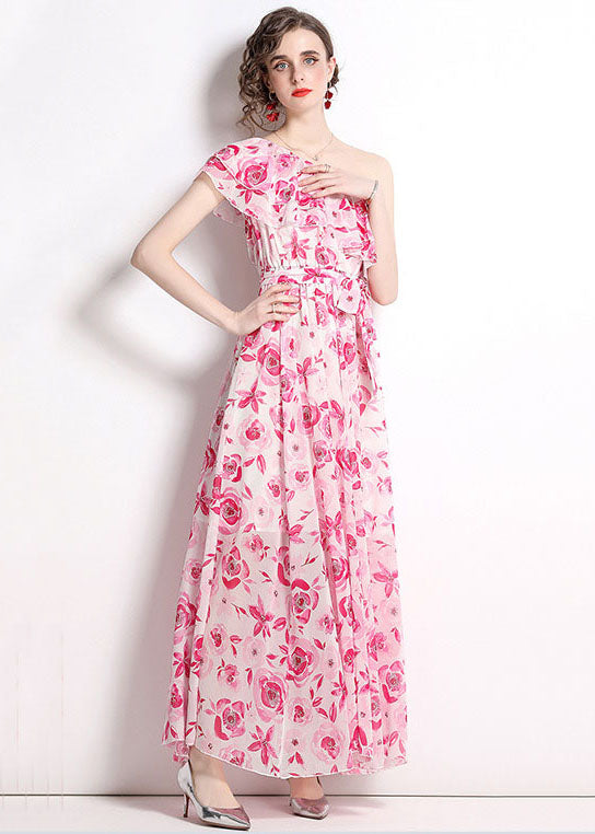 French Floral One-Shoulder Print Patchwork Chiffon Beach Dresses Summer