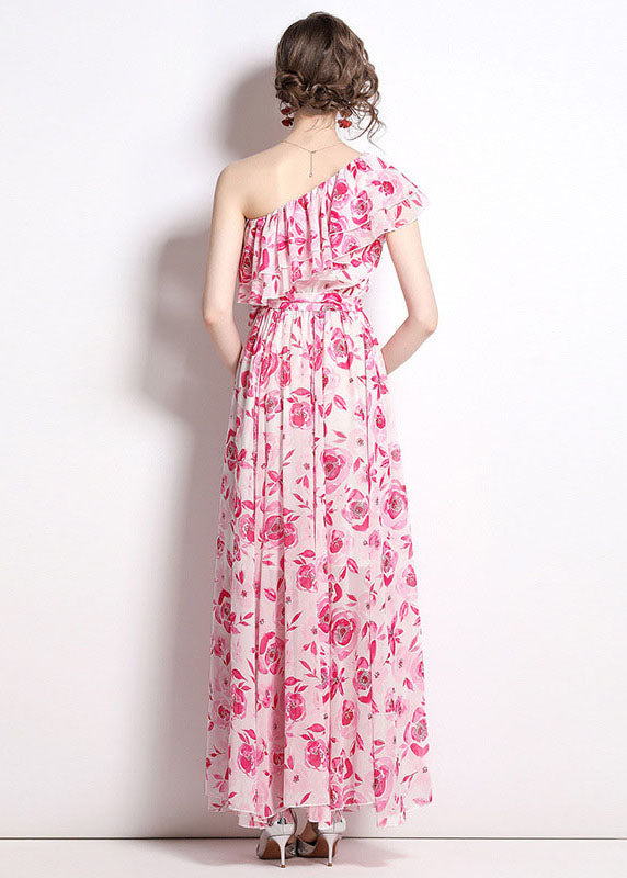 French Floral One-Shoulder Print Patchwork Chiffon Beach Dresses Summer