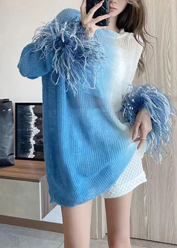 French Gradient Color Blue O-Neck Cozy Thin Cotton Knit Sweater Long Sleeve