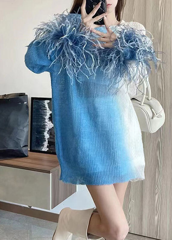French Gradient Color Blue O-Neck Cozy Thin Cotton Knit Sweater Long Sleeve