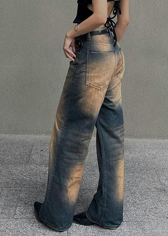 French Gradient Color Pockets Patchwork Denim Straight Pants Summer