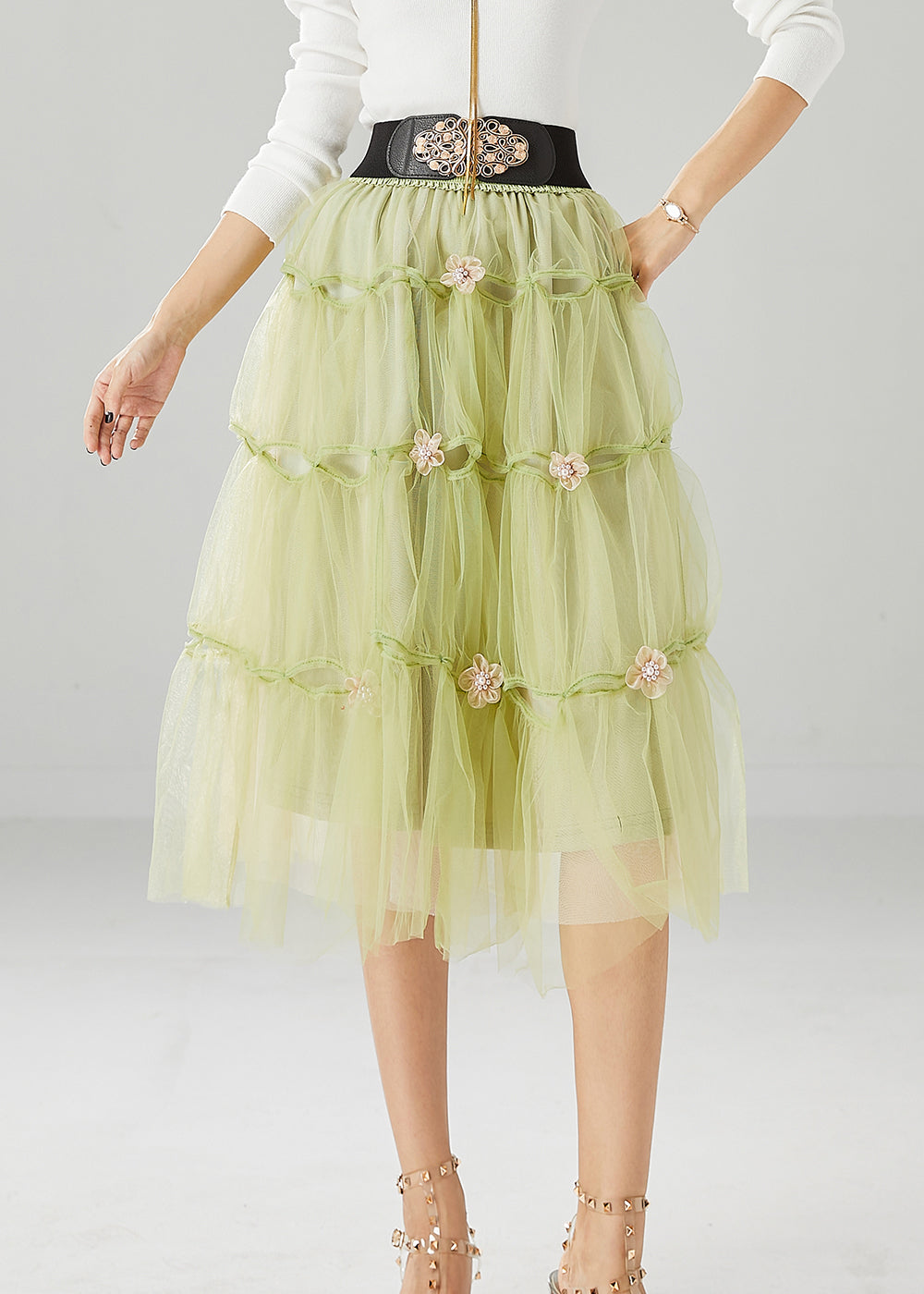 French Grass Green Floral Tulle Skirt Summer