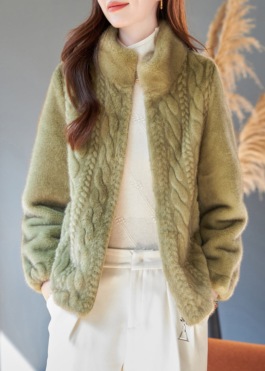French Grass Green Stand Collar Warm Mink Velvet Coats Winter