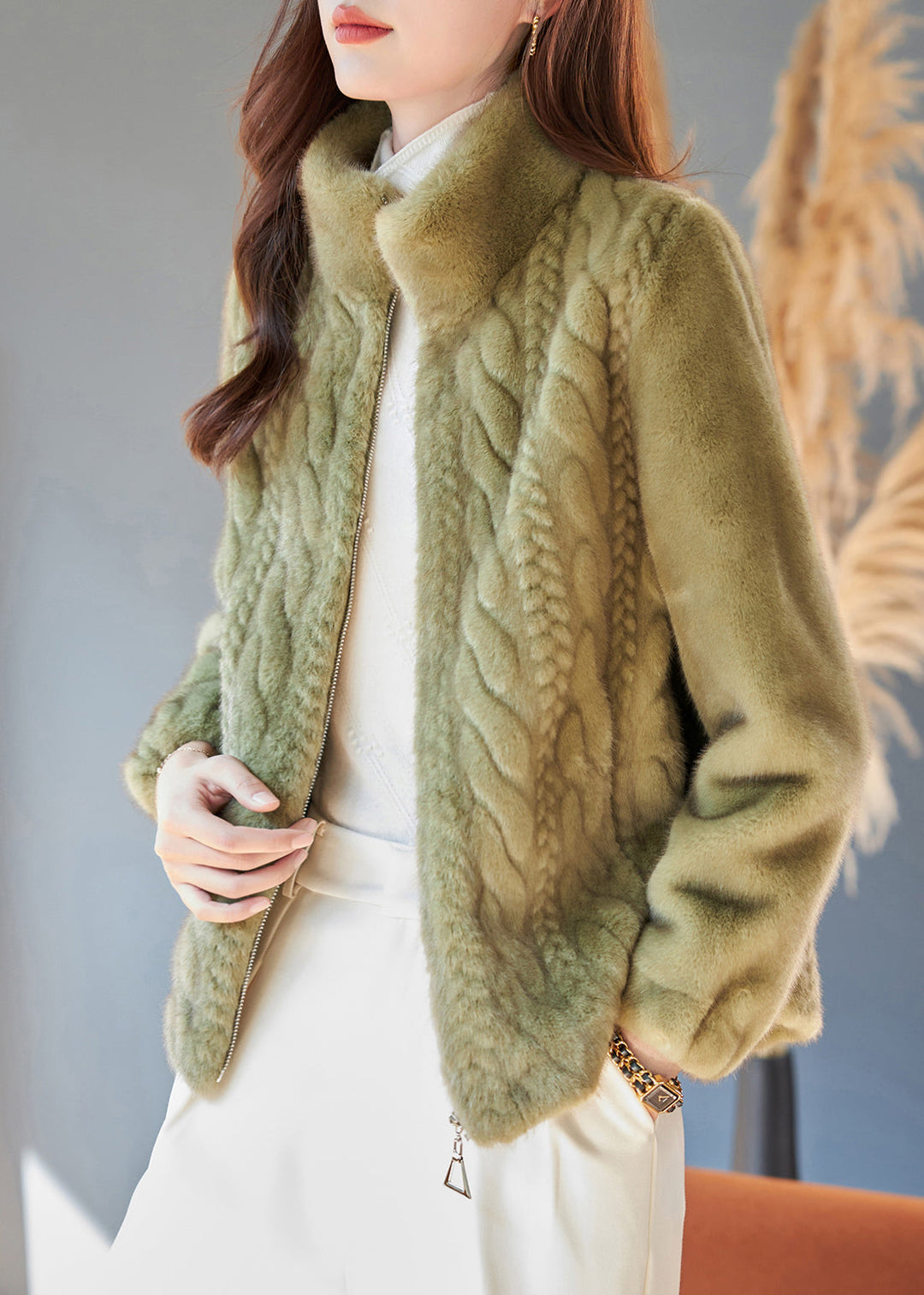 French Grass Green Stand Collar Warm Mink Velvet Coats Winter