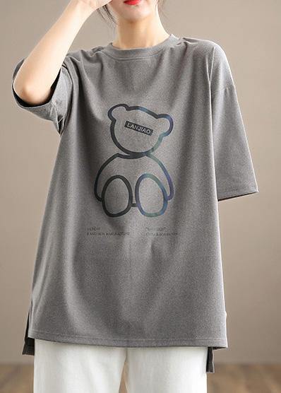 French Gray Bear Design Shirts O neck Half Sleeve Spring Blouses - Omychic