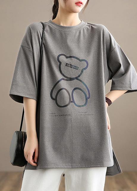 French Gray Bear Design Shirts O neck Half Sleeve Spring Blouses - Omychic