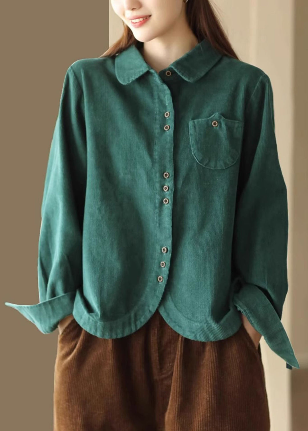 French Green Button Pockets Corduroy Blouses Long Sleeve