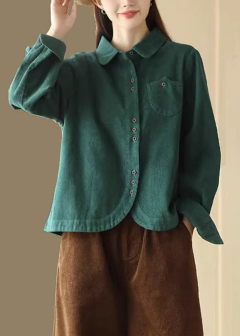 French Green Button Pockets Corduroy Blouses Long Sleeve