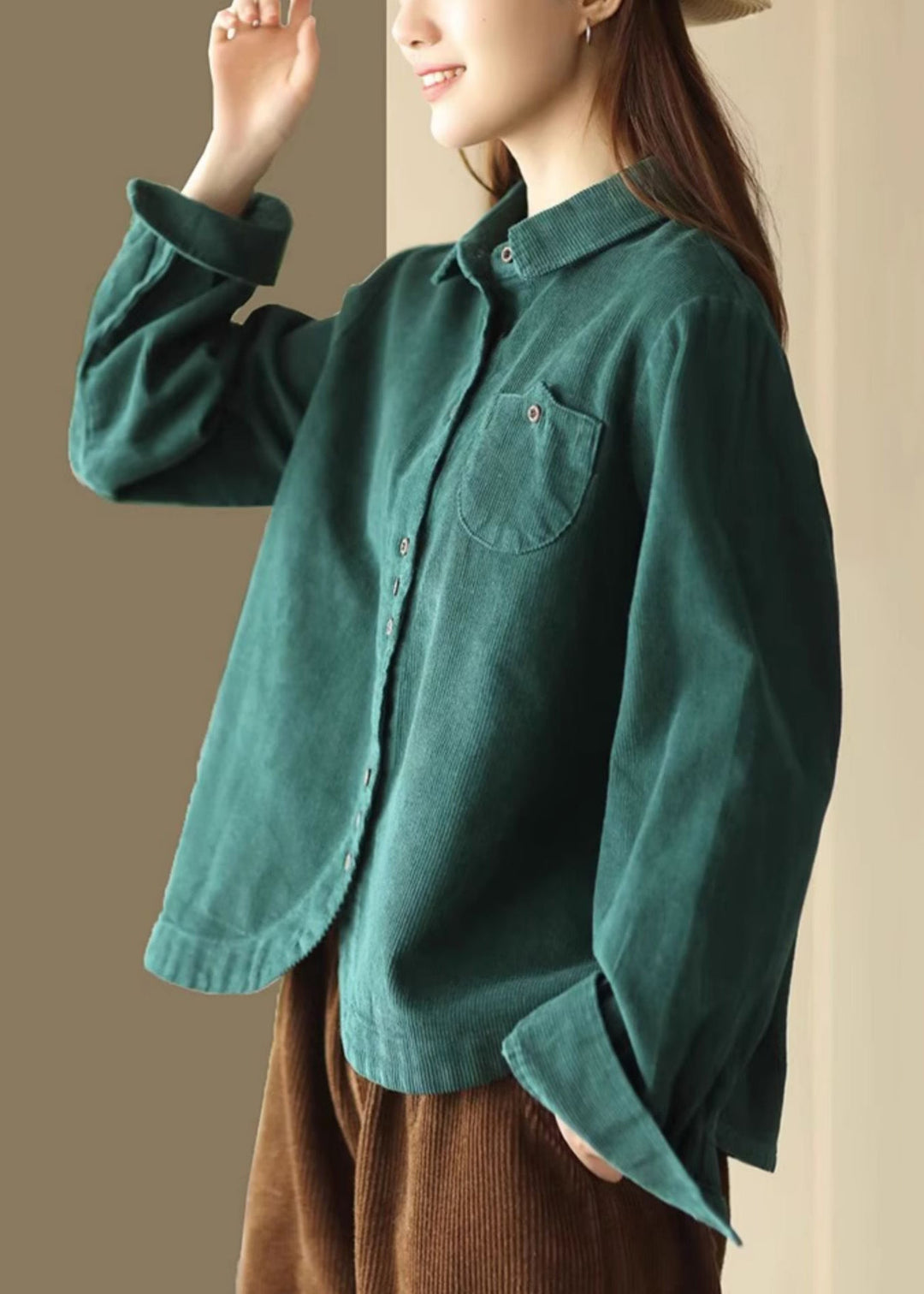 French Green Button Pockets Corduroy Blouses Long Sleeve
