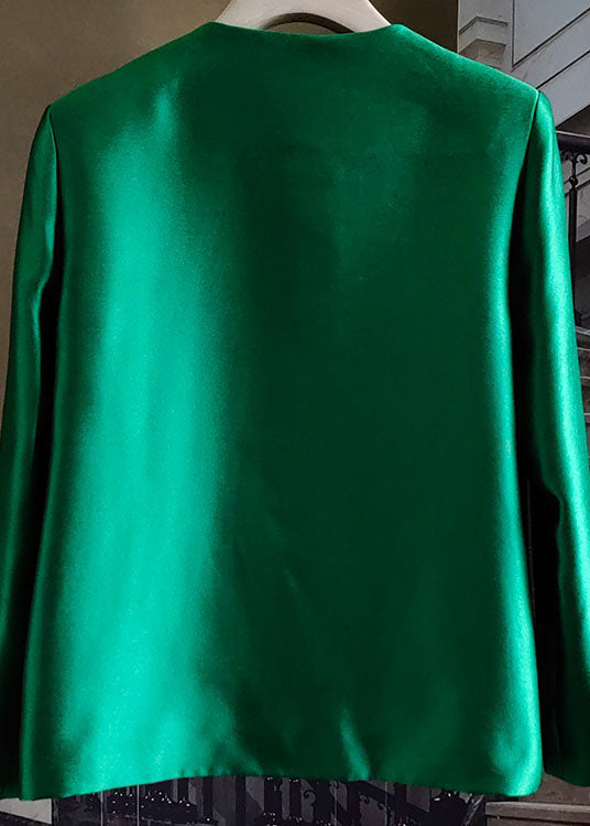 French Green Embroidered Bird Patchwork Silk Coat Spring