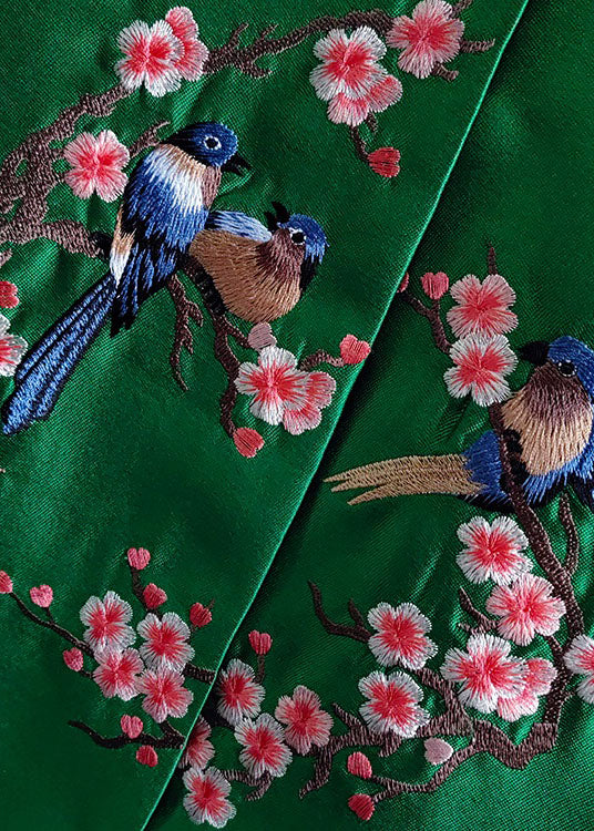 French Green Embroidered Bird Patchwork Silk Coat Spring