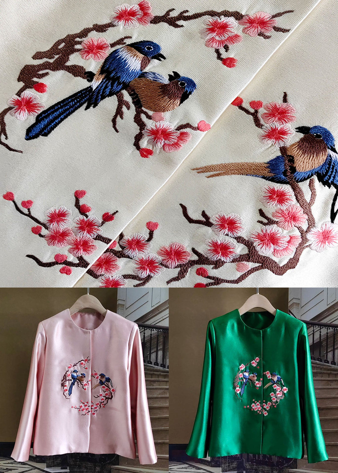 French Green Embroidered Bird Patchwork Silk Coat Spring