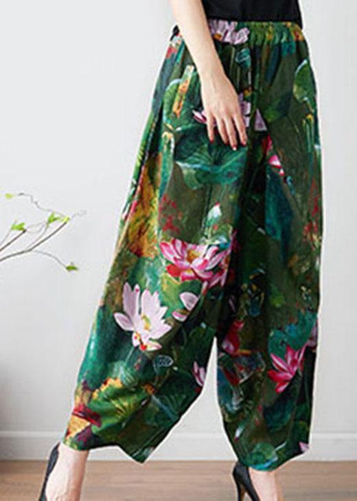 French Green Loose Oriental Print Pockets Fall Pants Trousers - Omychic