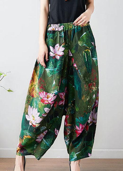 French Green Loose Oriental Print Pockets Fall Pants Trousers - Omychic