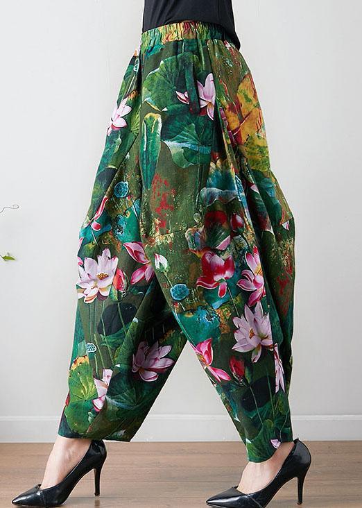 French Green Loose Oriental Print Pockets Fall Pants Trousers - Omychic