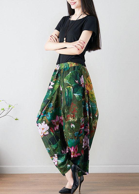 French Green Loose Oriental Print Pockets Fall Pants Trousers - Omychic