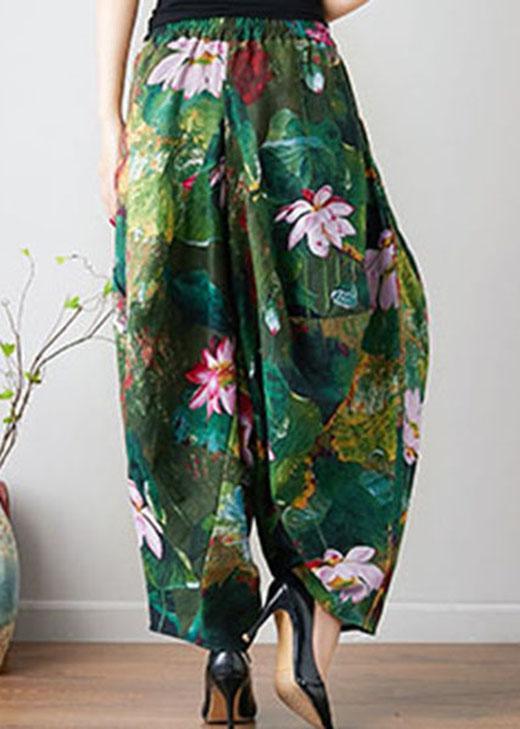 French Green Loose Oriental Print Pockets Fall Pants Trousers - Omychic