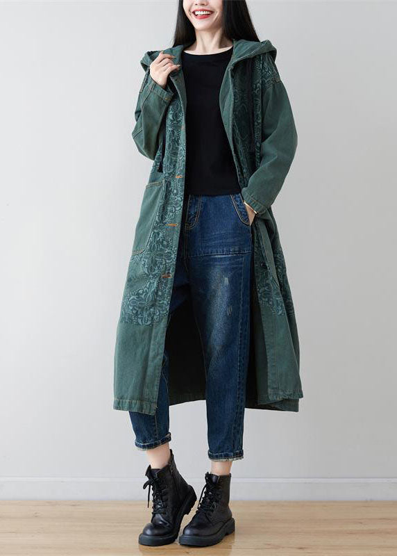 French Green Patchwork Print Denim Hoodies Outwear Spring