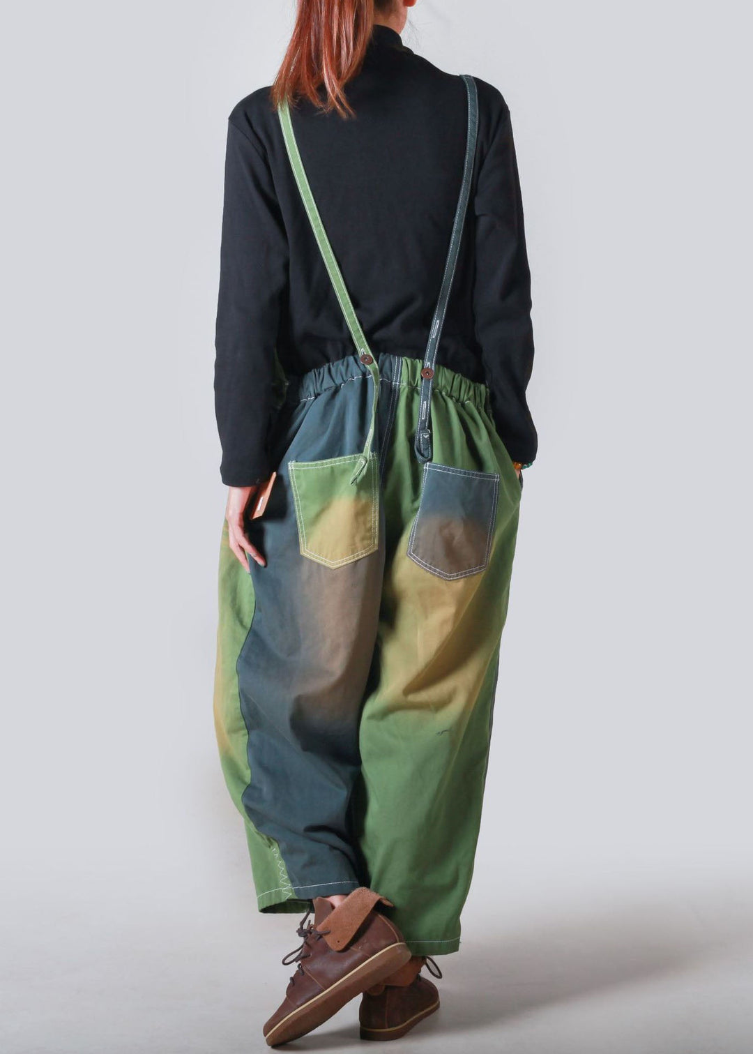 French Green Patchwork Wrinkled Loose Denim Jumpsuit Summer