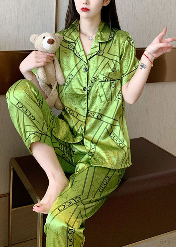 French Green Peter Pan Collar Ice Silk Two Piece Set Pajamas Summer