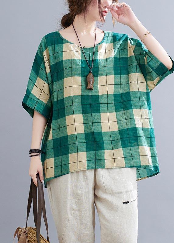 French Green Plaidlow high design Cotton Linen Summer Shirt Top - Omychic