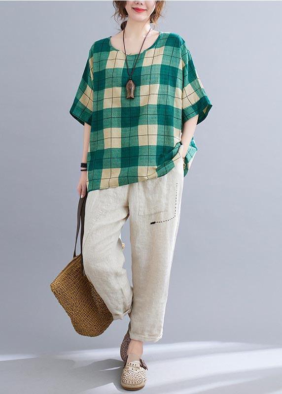 French Green Plaidlow high design Cotton Linen Summer Shirt Top - Omychic