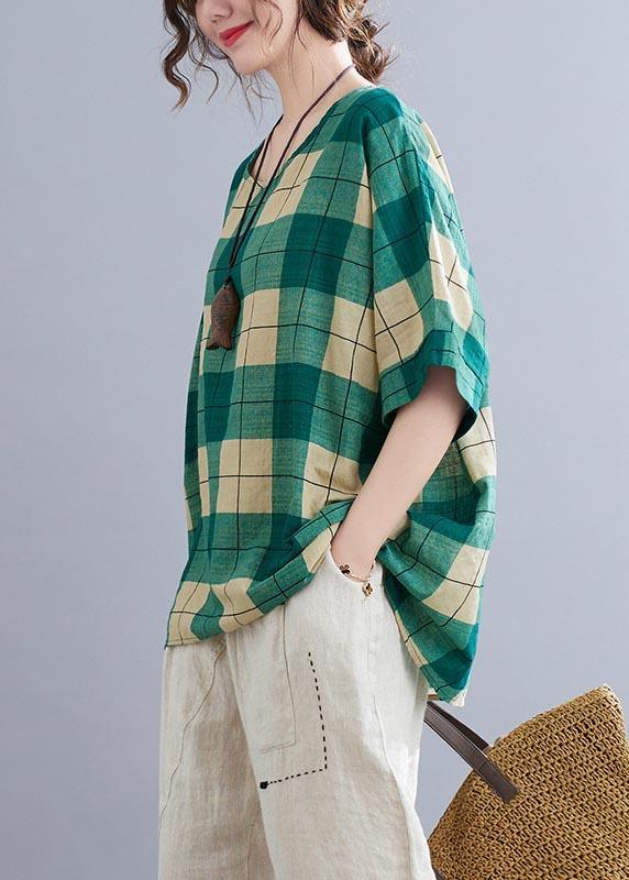 French Green Plaidlow high design Cotton Linen Summer Shirt Top - Omychic