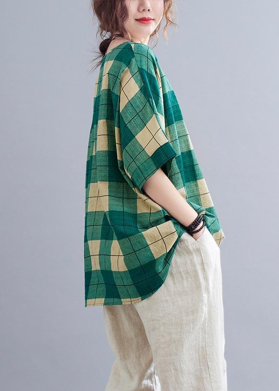 French Green Plaidlow high design Cotton Linen Summer Shirt Top - Omychic