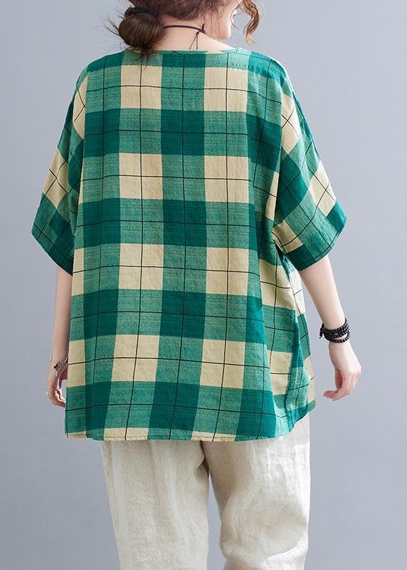 French Green Plaidlow high design Cotton Linen Summer Shirt Top - Omychic