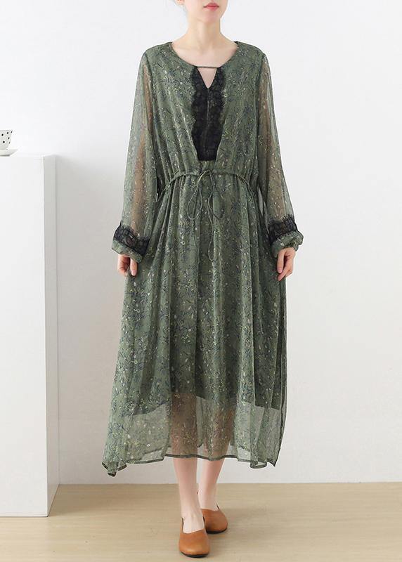 French Green Print Chiffon Patchwork Summer Vacation Dresses - Omychic