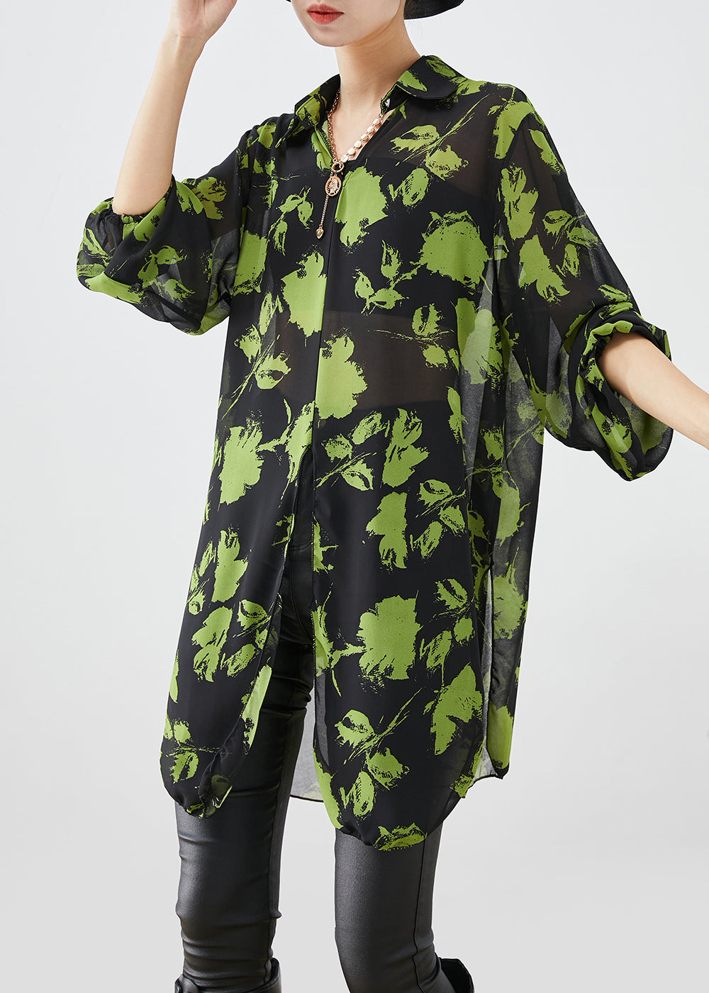 French Green Print Oversized Chiffon Blouses Lantern Sleeve