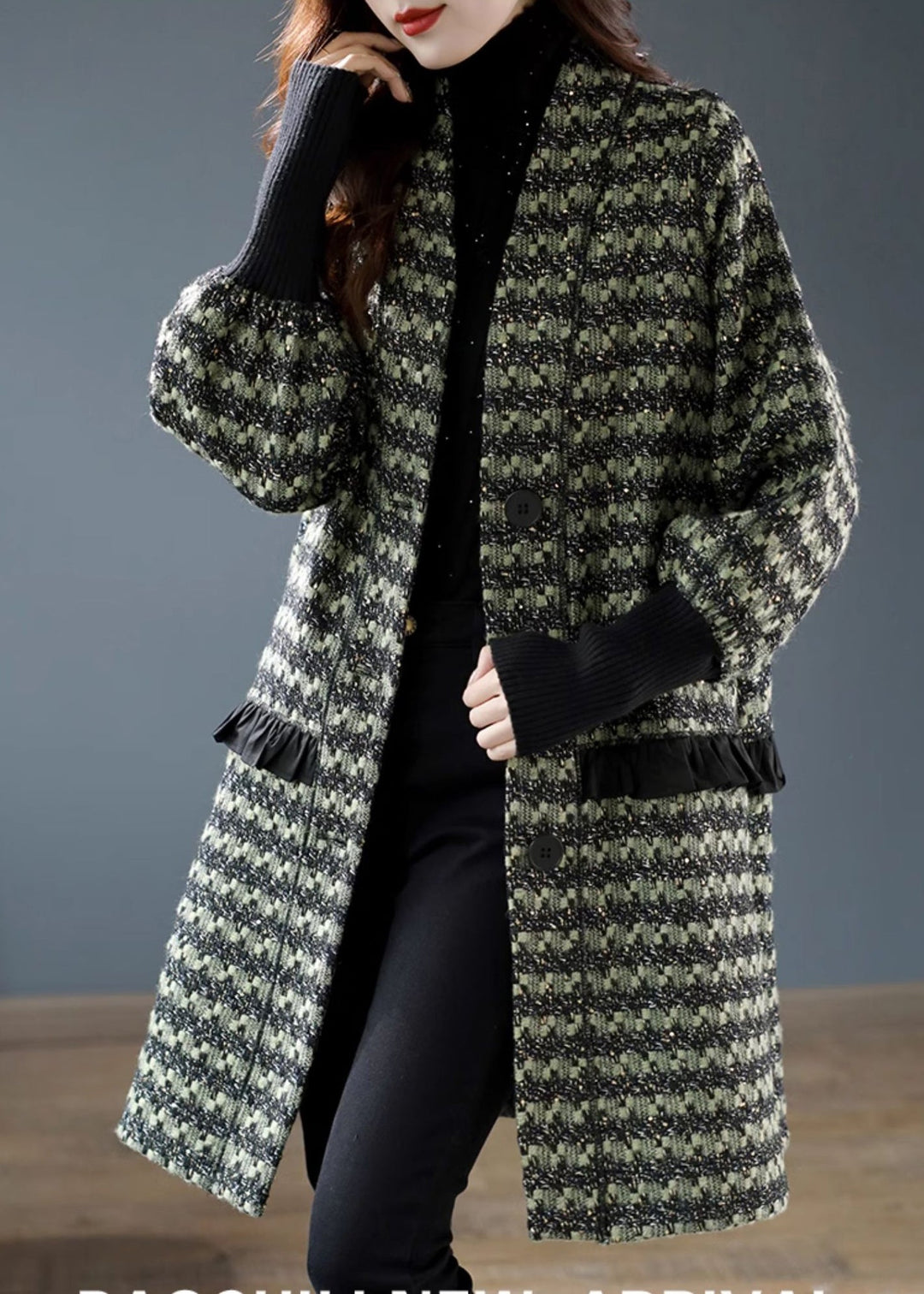 French Green Ruffled Plaid Fine Cotton Filled Woolen Coat Spring