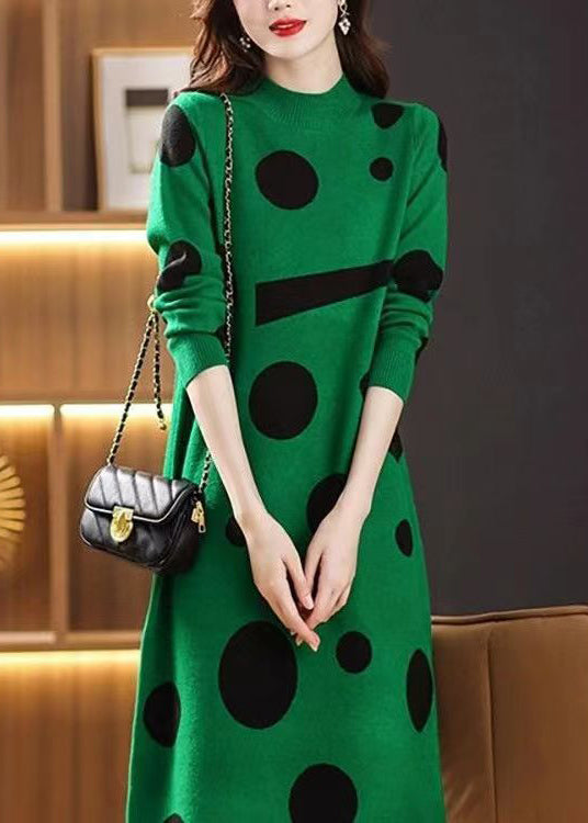 French Green Stand Collar Print Patchwork Woolen Dress Fall