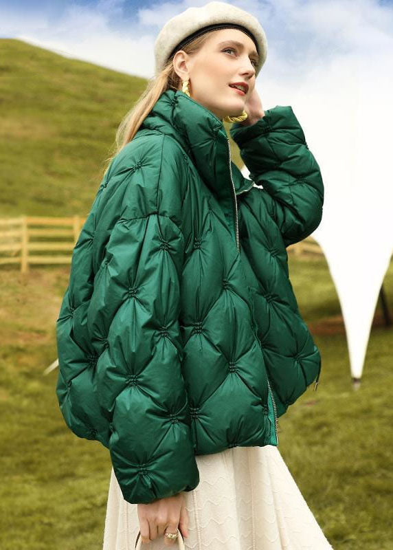 French Green Stand Collar Zip Up Wrinkled Fine Cotton Filled Parkas Winter