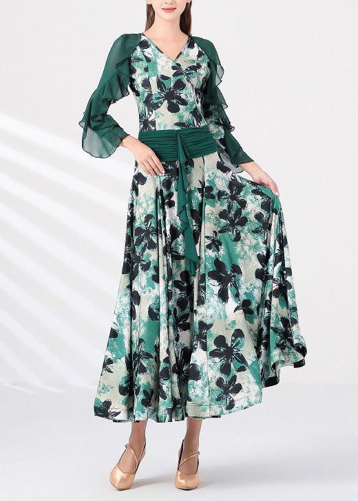 French Green V Neck Print Chiffon Patchwork Long Dress Spring