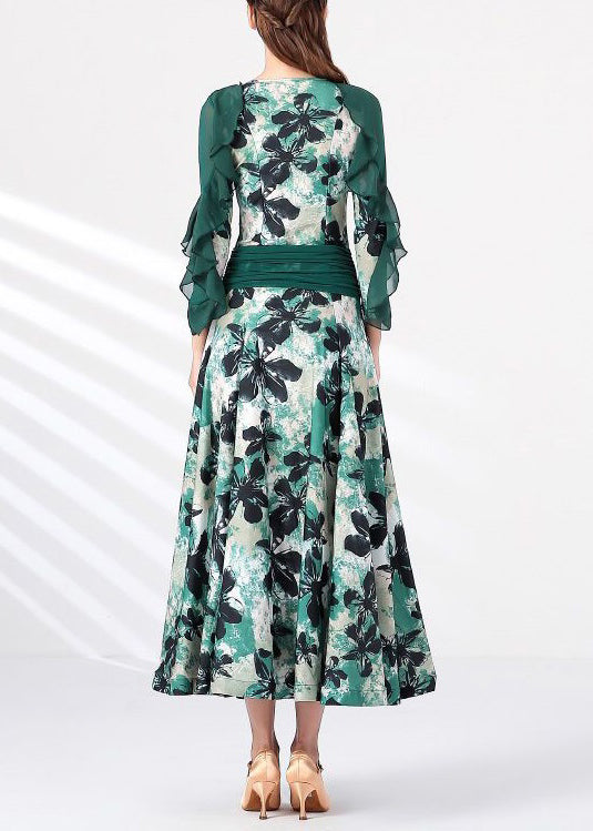 French Green V Neck Print Chiffon Patchwork Long Dress Spring
