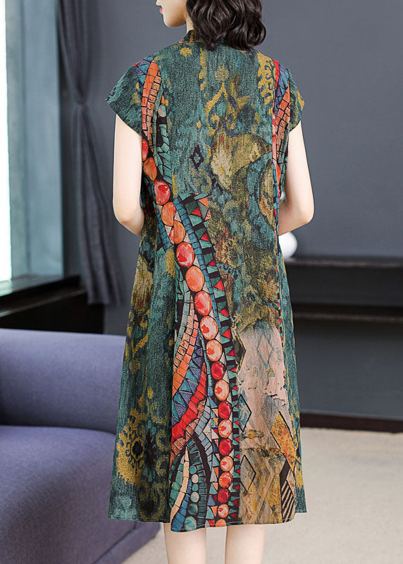 French Green V Neck Print Patchwork Silk Dress Summer