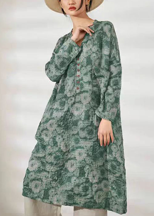 French Green V Neck Print Pockets Cotton Long Dress Spring