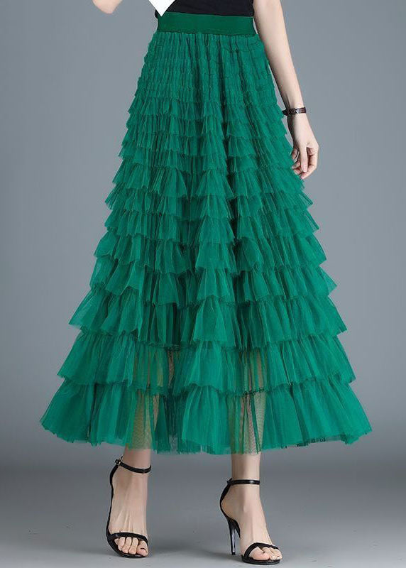 French Green Wrinkled Patchwork Elastic Waist Tulle Skirt Spring