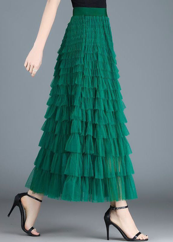 French Green Wrinkled Patchwork Elastic Waist Tulle Skirt Spring
