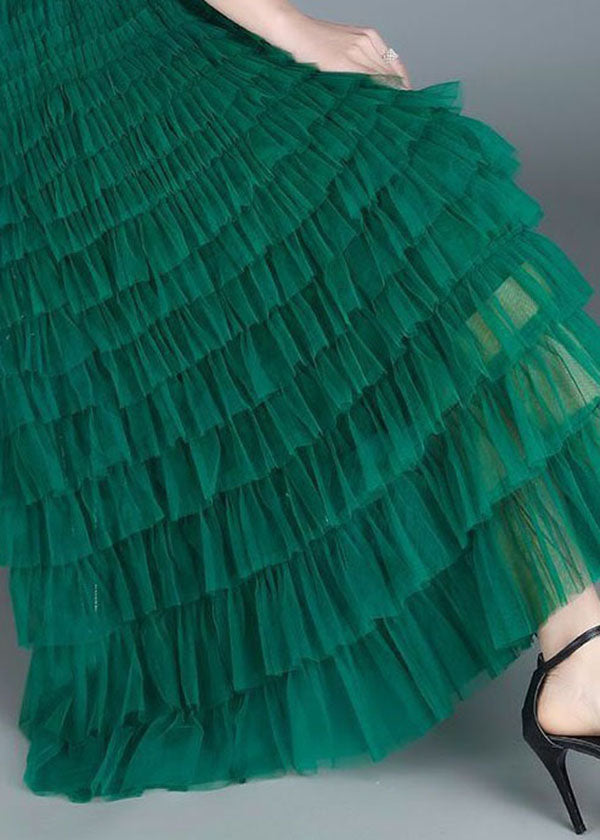 French Green Wrinkled Patchwork Elastic Waist Tulle Skirt Spring