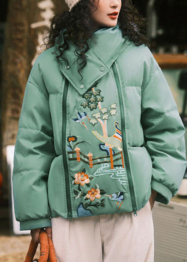 French Green Zippered Embroideried Fine Cotton Filled Parkas And Scarf Two Pieces Set Winter