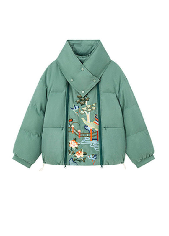 French Green Zippered Embroideried Fine Cotton Filled Parkas And Scarf Two Pieces Set Winter