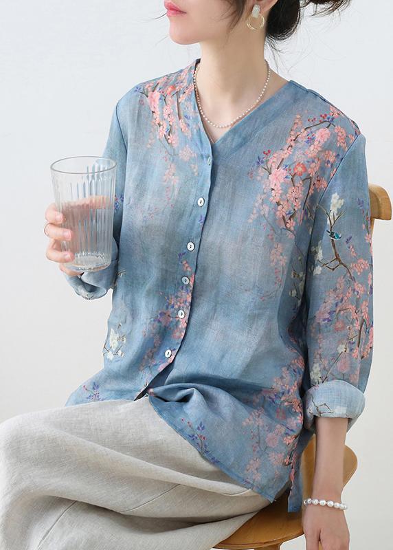 French Grey Blue Print Button Linen Shirt Top Long sleeve - Omychic